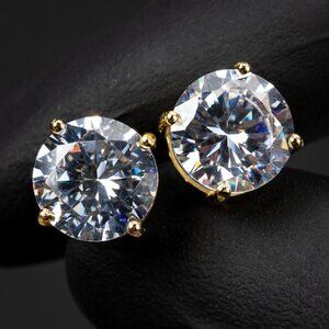 Solitaire Round 14k Gold Plated 925 Sterling Silver CZ Stud Screw Back Earrings